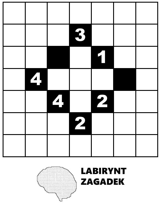 Na białym tle czarna tabelka. W części pól znajdują się cyfry. Pod spodem czarny napis Labirynt zagadek. 